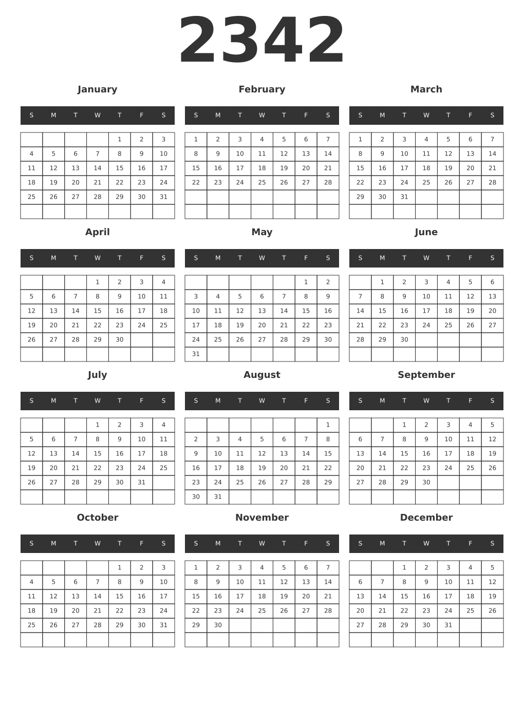 Printable 2342 Year Calendars dark