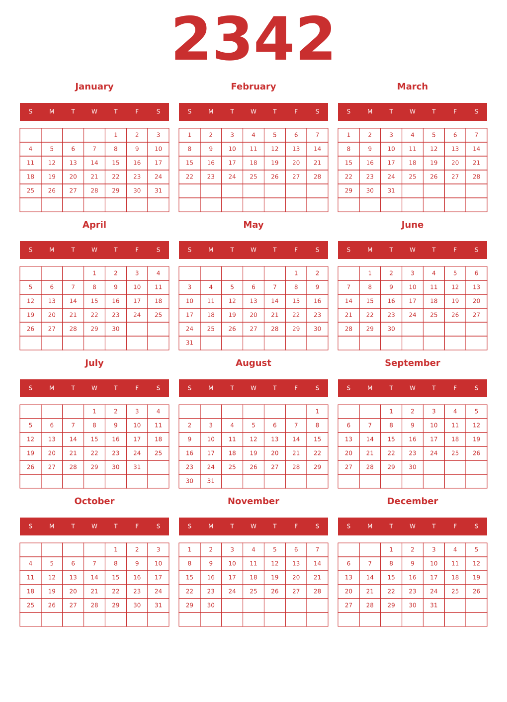 Printable 2342 Year Calendars red