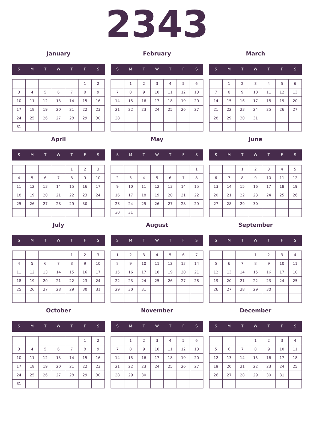 Printable 2343 Year Calendars aubergine