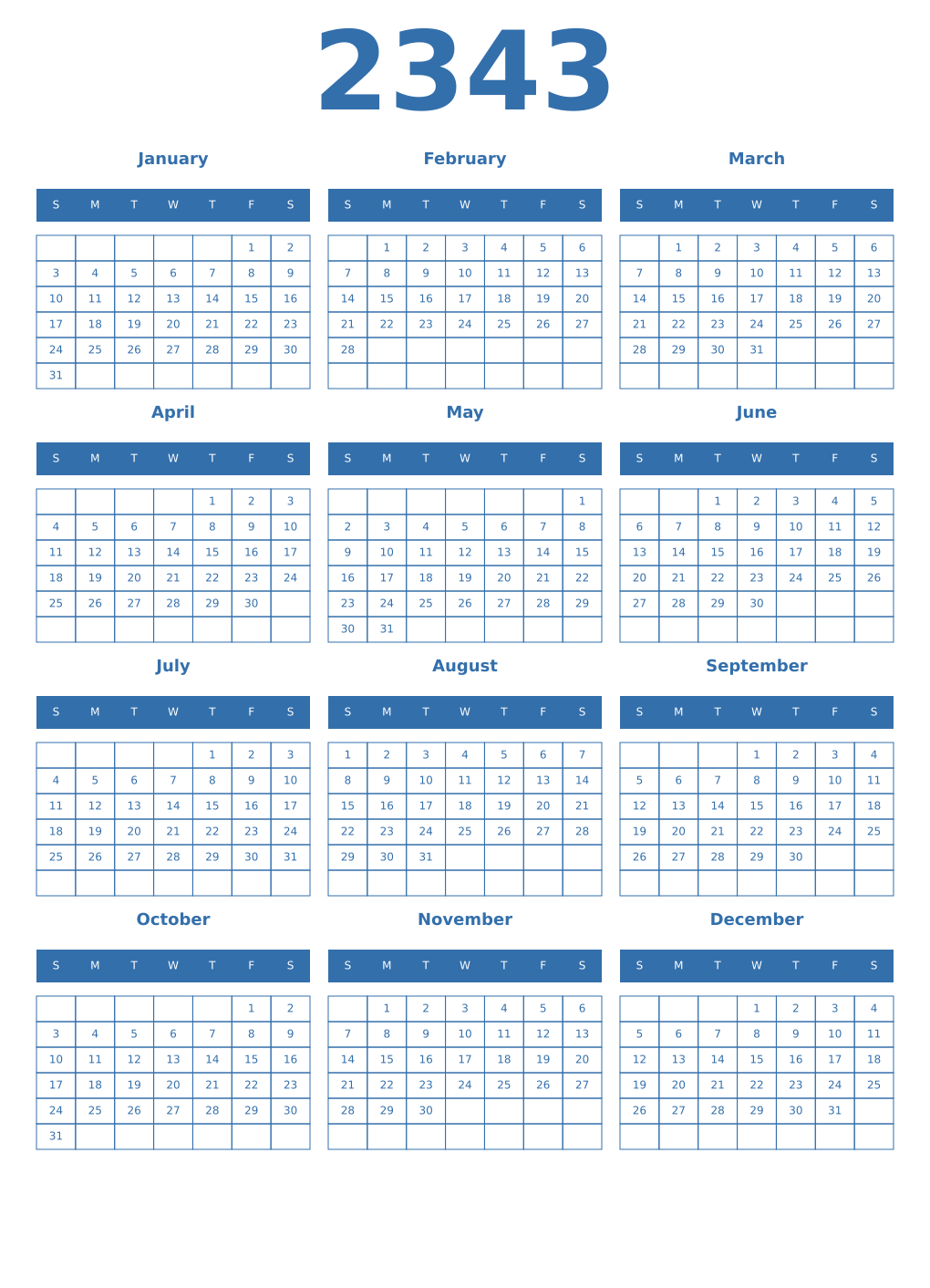 Printable 2343 Year Calendars blue