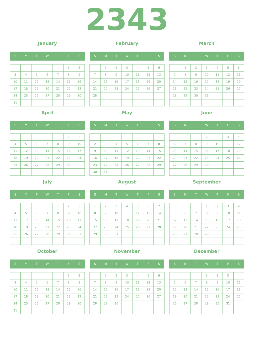Printable 2343 Year Calendars celadon