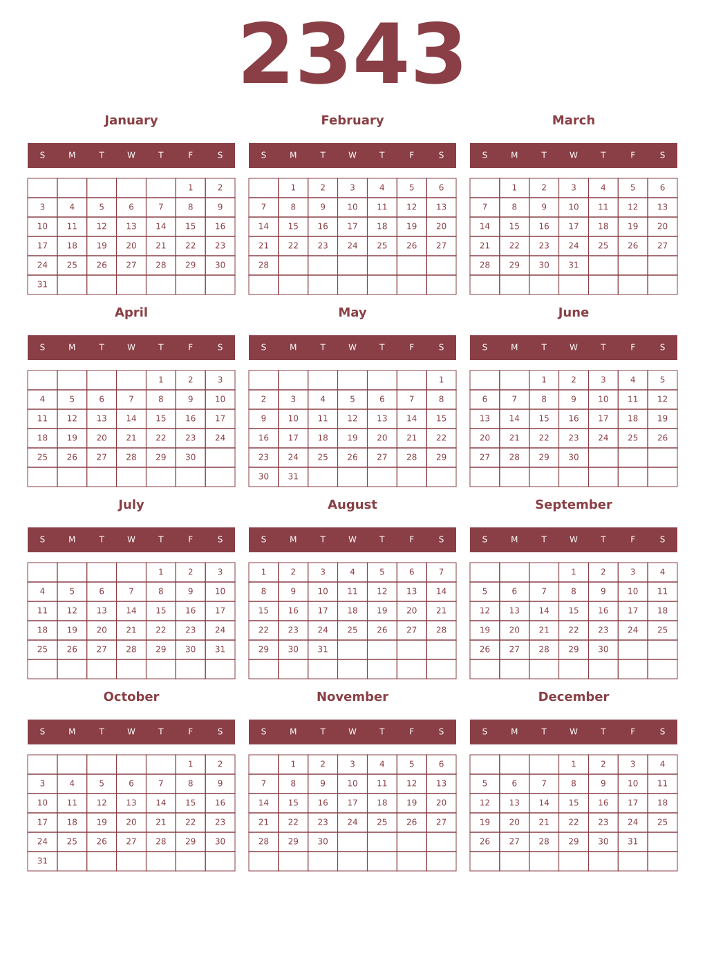 Printable 2343 Year Calendars cordovan