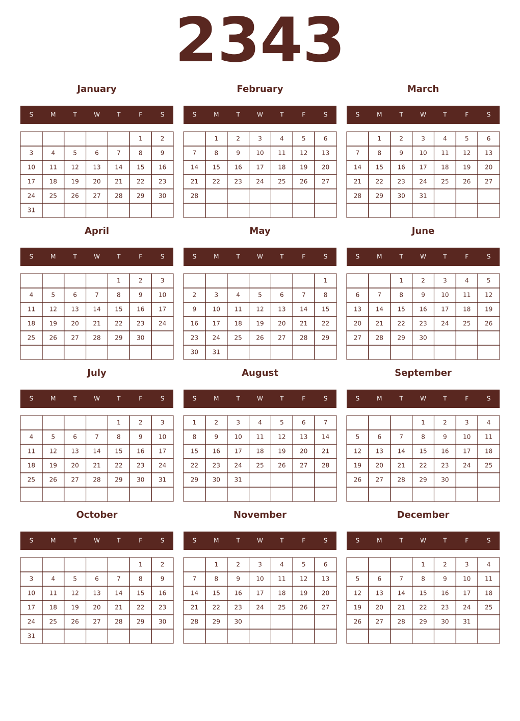 Printable 2343 Year Calendars mortuum