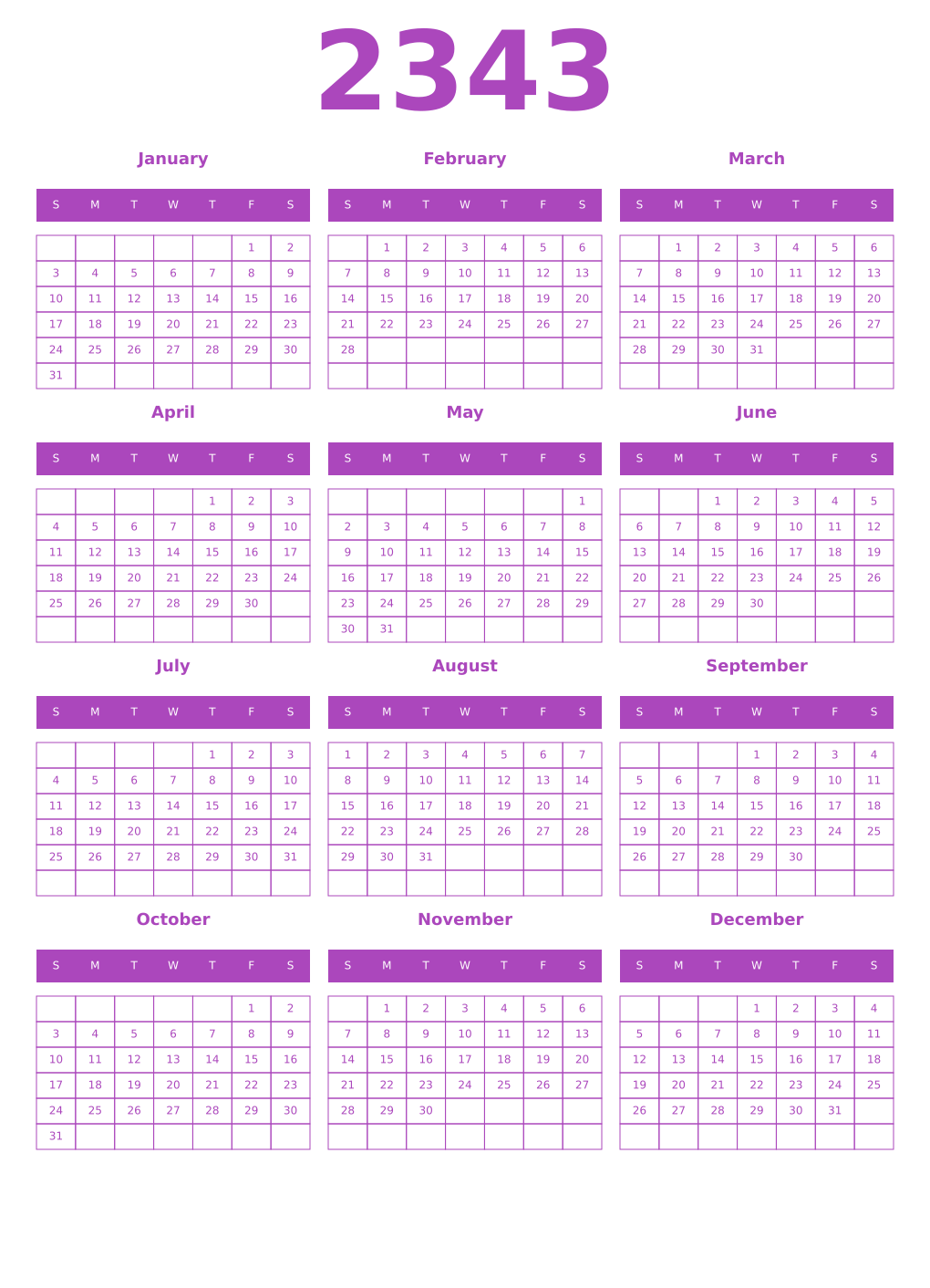 Printable 2343 Year Calendars purple
