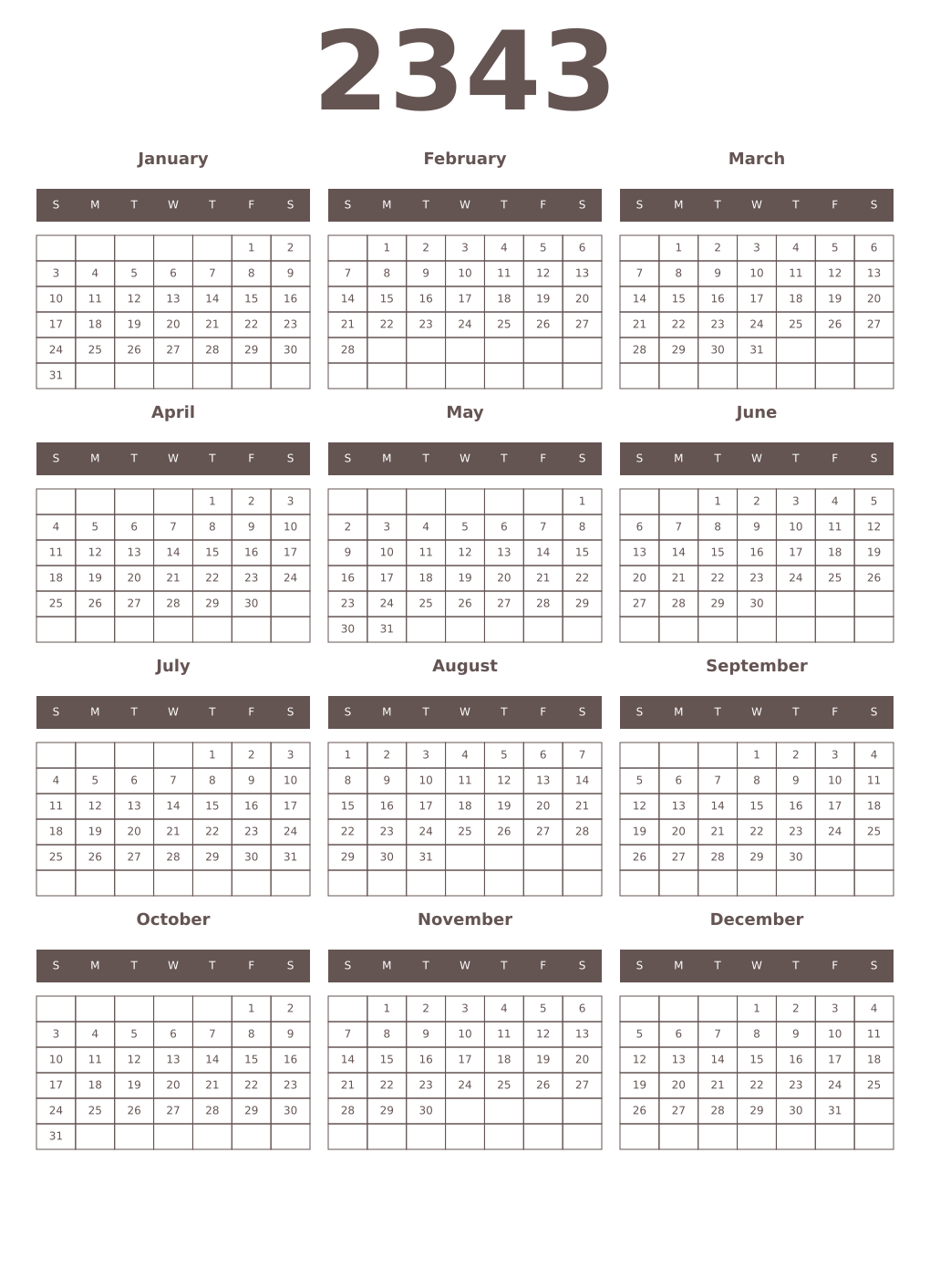 Printable 2343 Year Calendars wenge