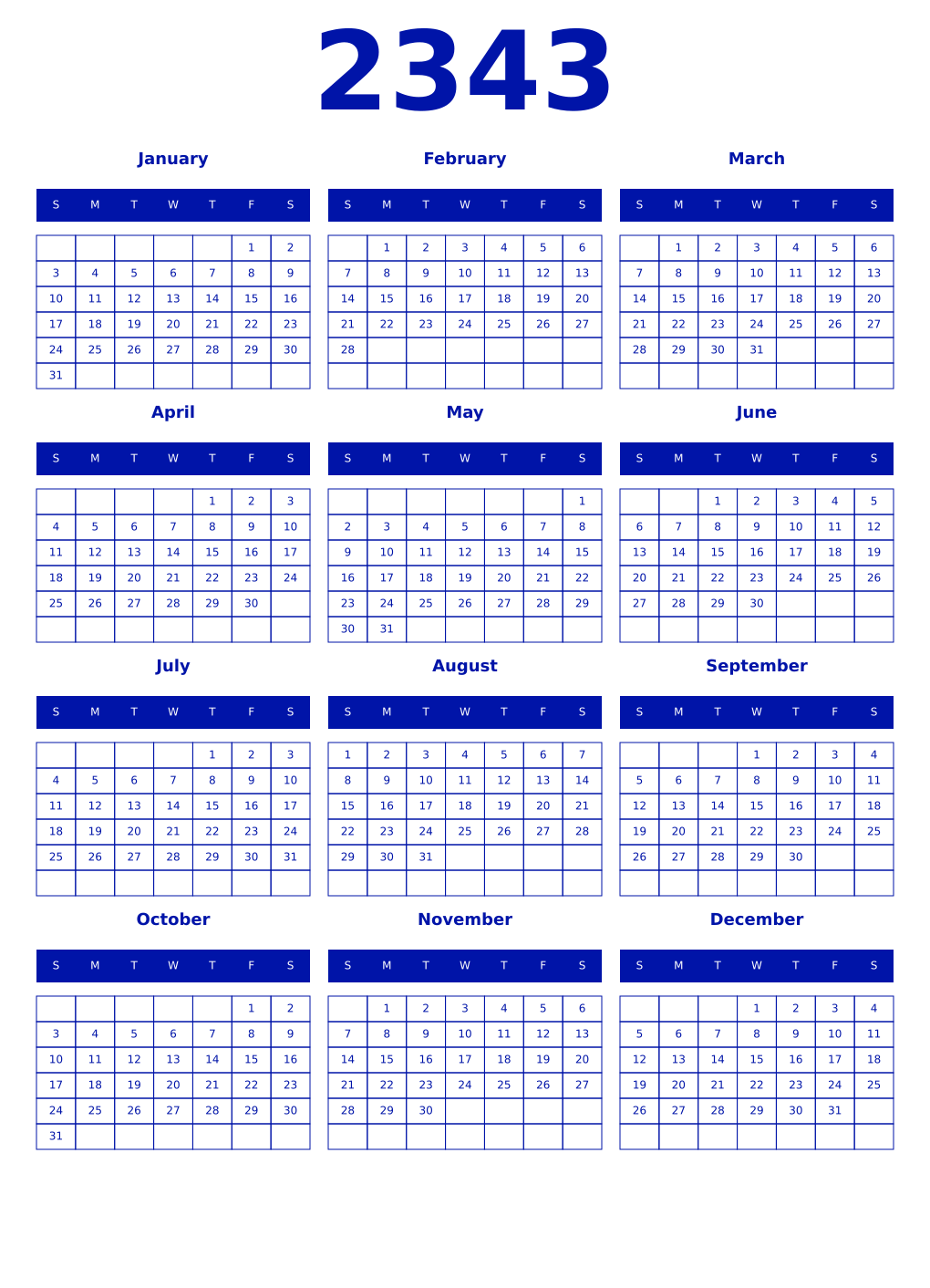Printable 2343 Year Calendars zaffre