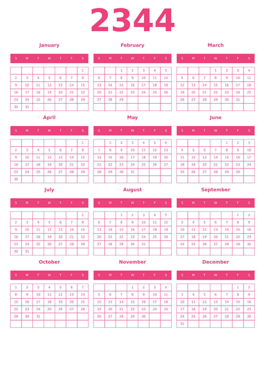 Printable 2344 Year Calendars pink