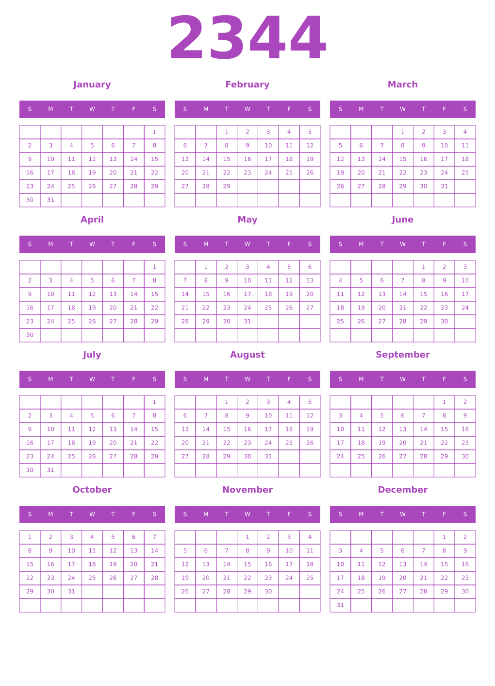 Printable 2344 Year Calendars purple