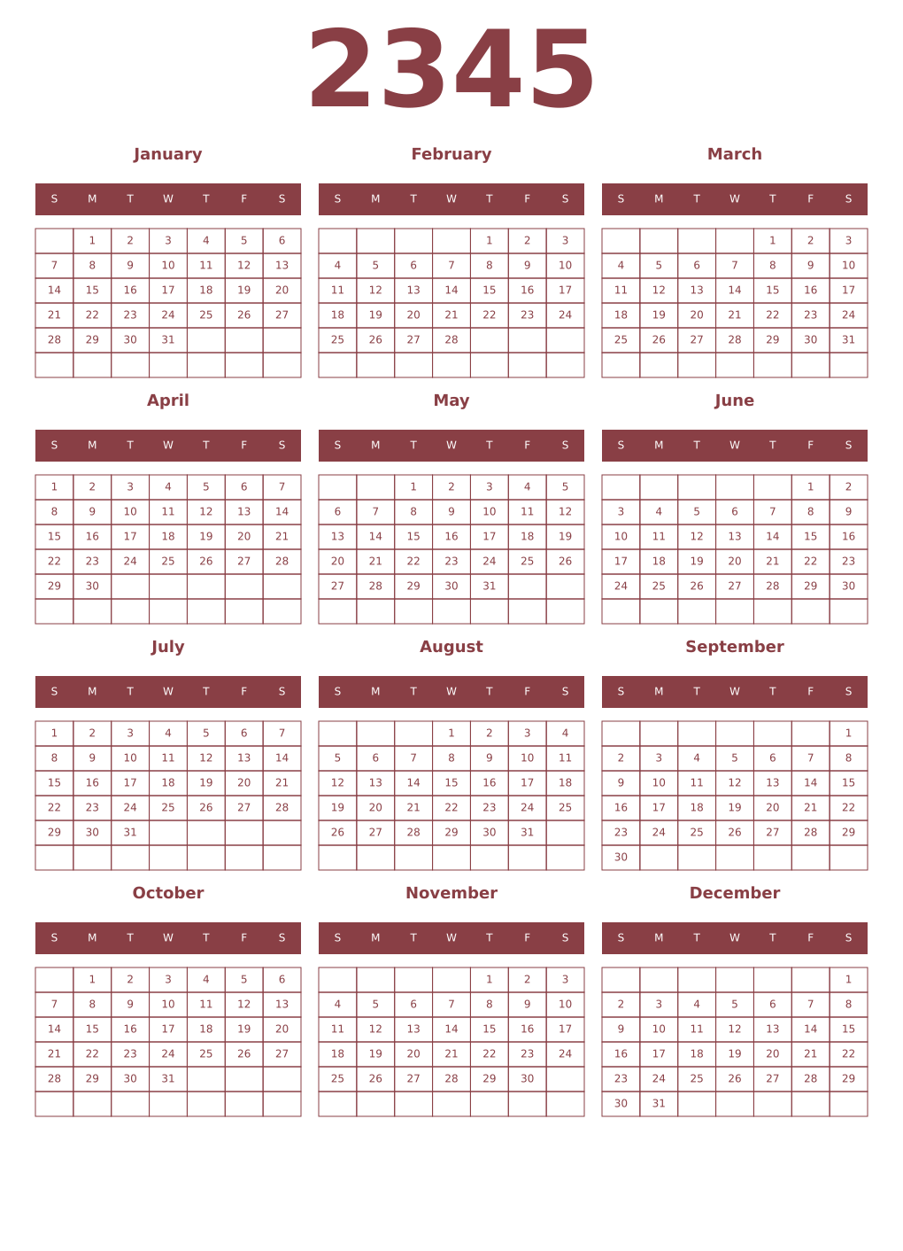 Printable 2345 Year Calendars cordovan