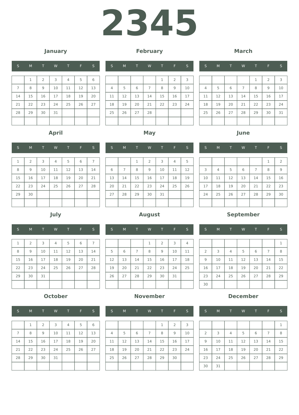 Printable 2345 Year Calendars feldgrau