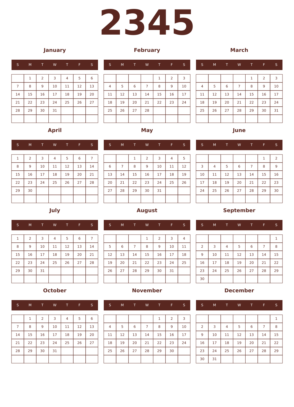 Printable 2345 Year Calendars mortuum