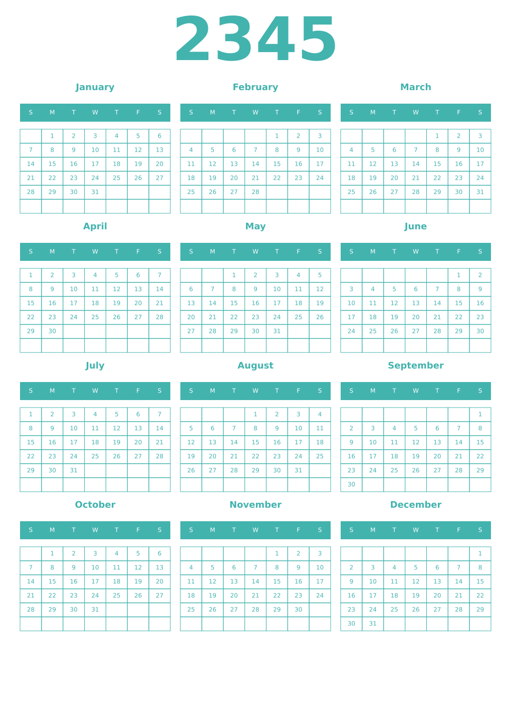 Printable 2345 Year Calendars verdigris