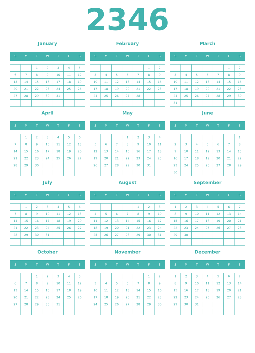 Printable 2346 Year Calendars verdigris