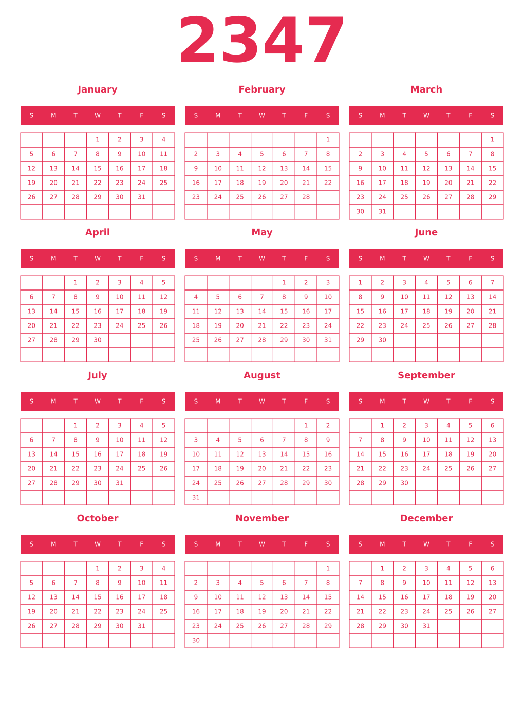 Printable 2347 Year Calendars amaranth