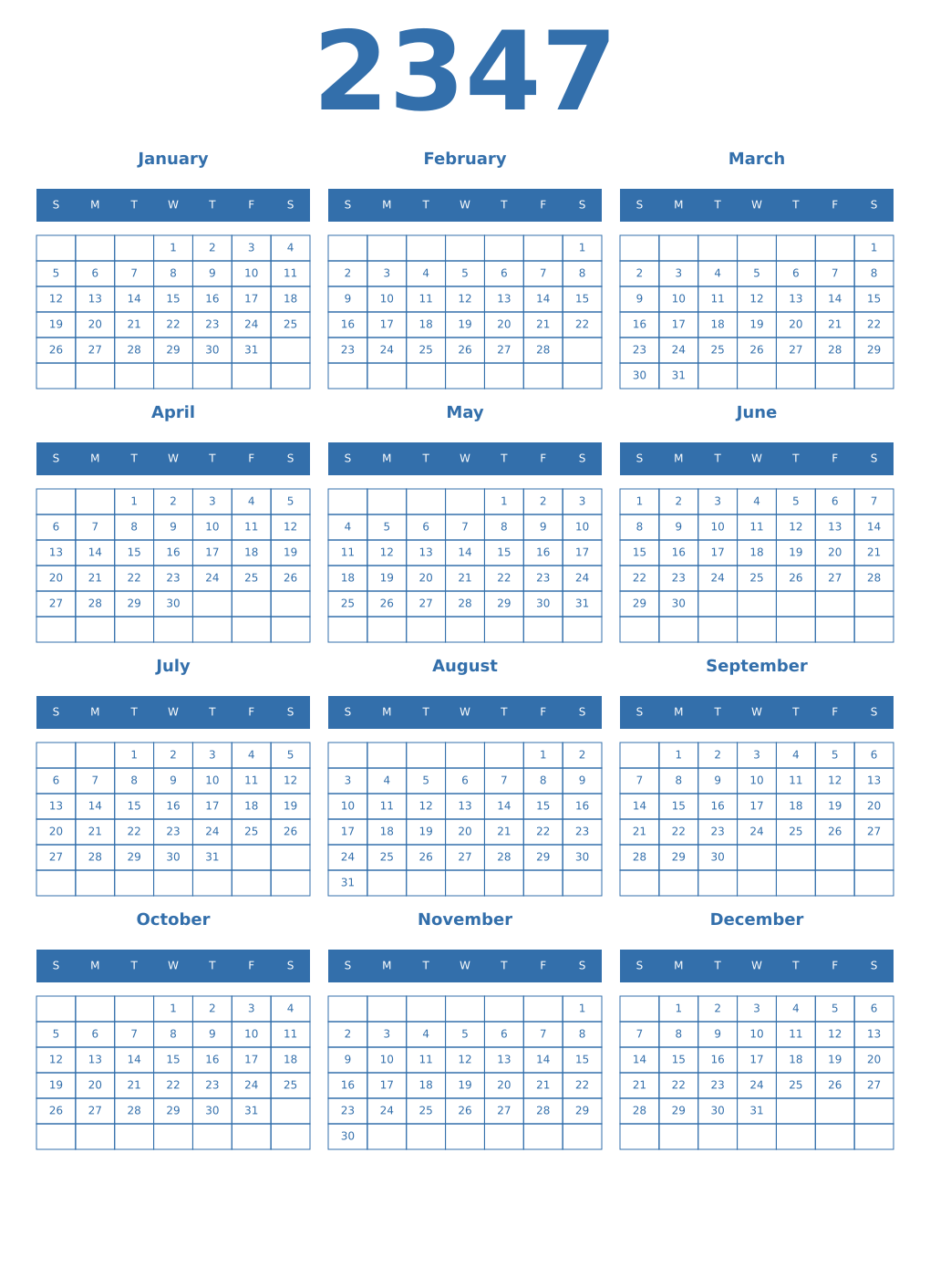 Printable 2347 Year Calendars blue