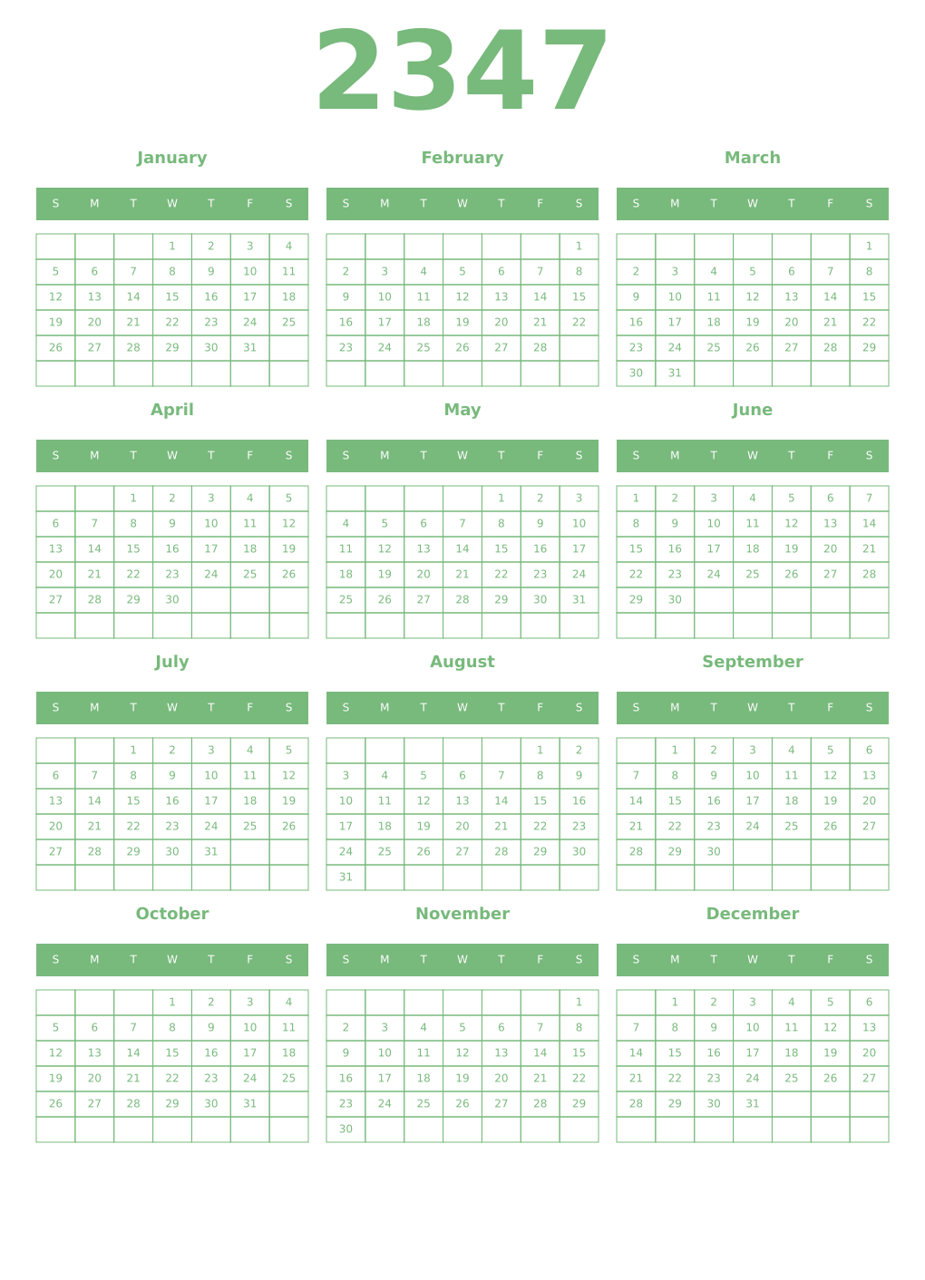 Printable 2347 Year Calendars celadon