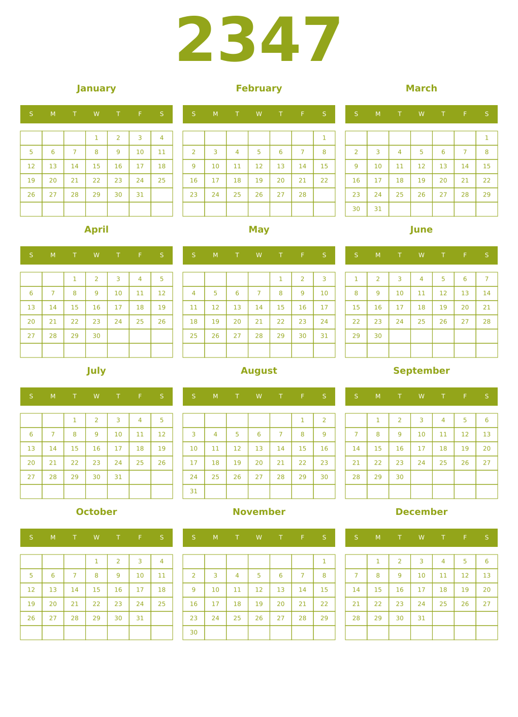 Printable 2347 Year Calendars chartreuse