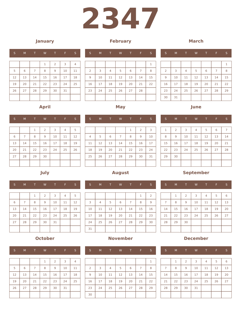 Printable 2347 Year Calendars coffe
