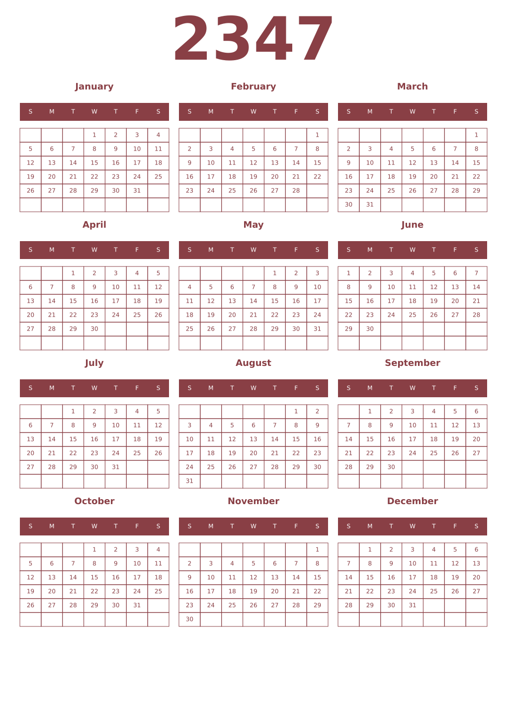 Printable 2347 Year Calendars cordovan