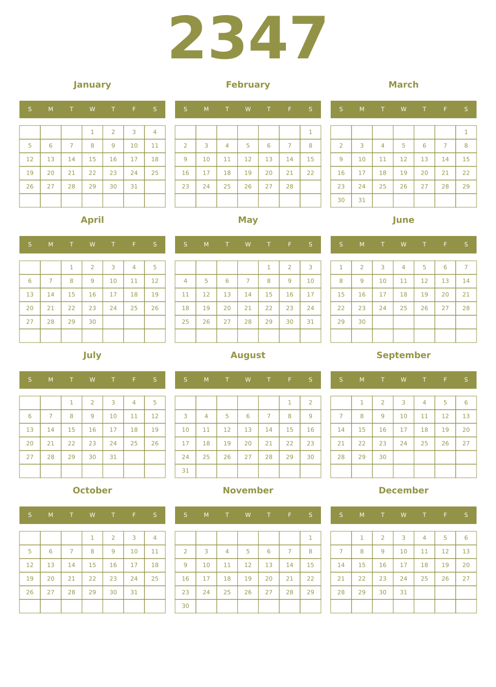 Printable 2347 Year Calendars eburnean