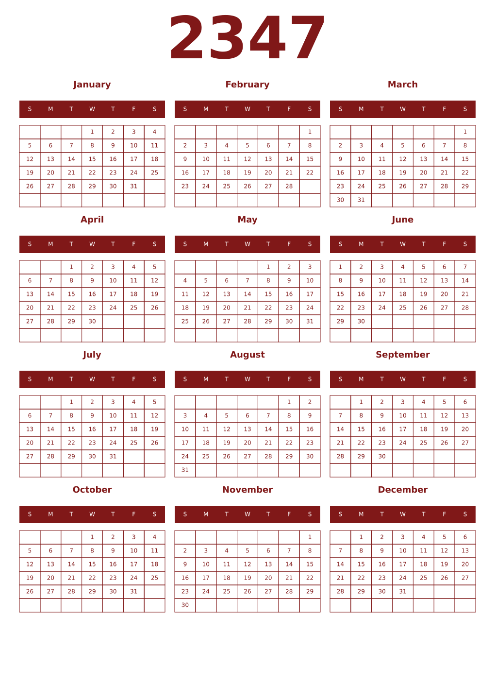 Printable 2347 Year Calendars falu