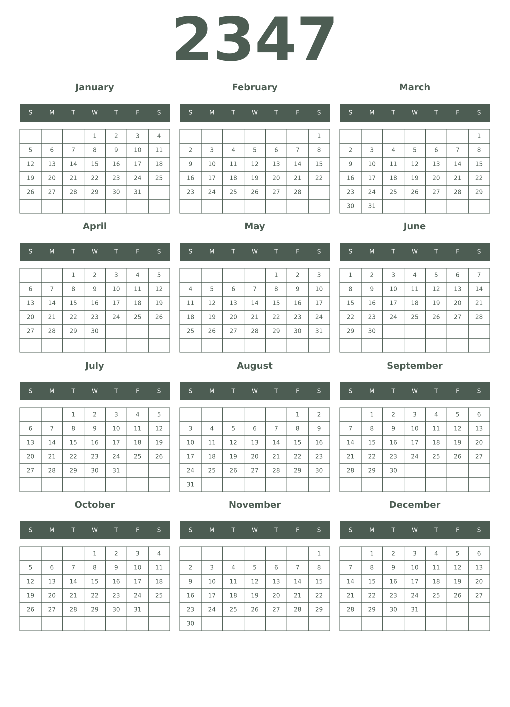 Printable 2347 Year Calendars feldgrau