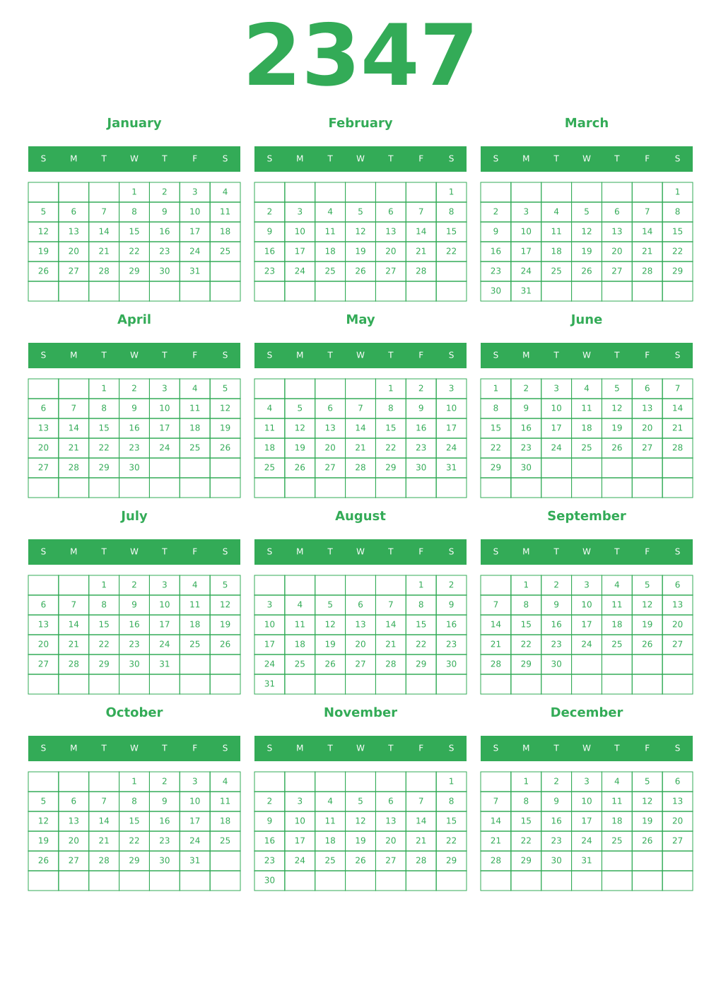 Printable 2347 Year Calendars green