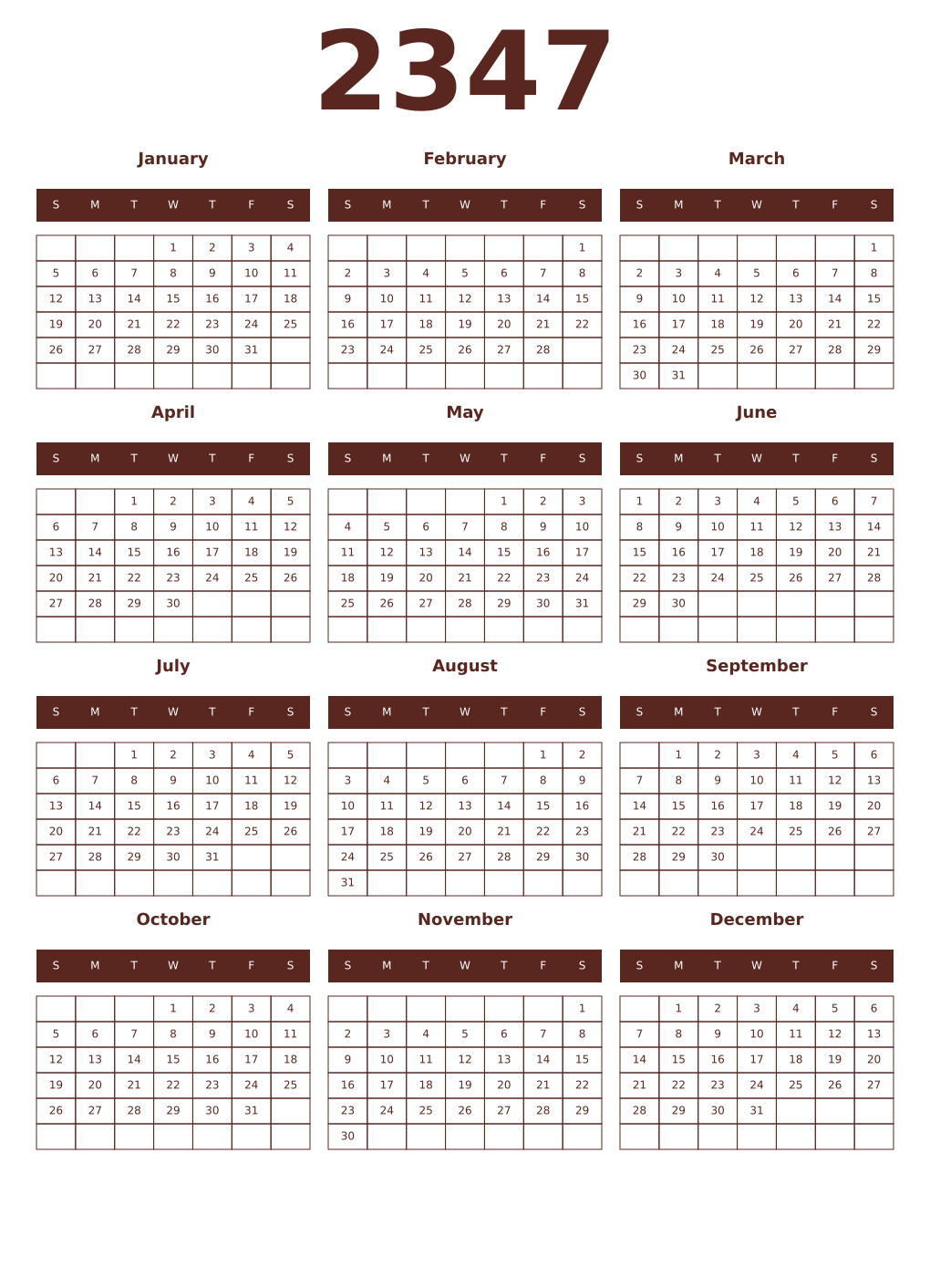 Printable 2347 Year Calendars mortuum