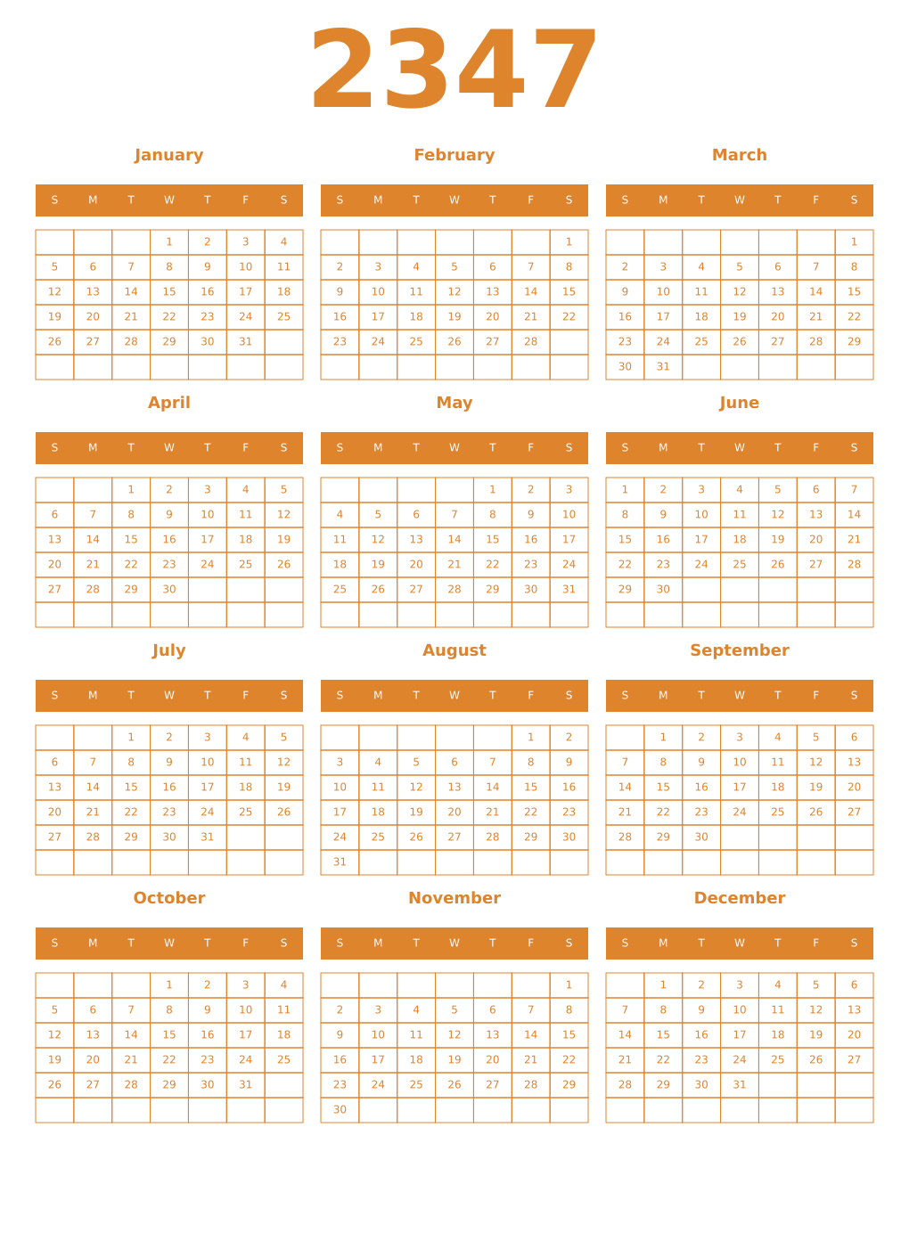 Printable 2347 Year Calendars orange