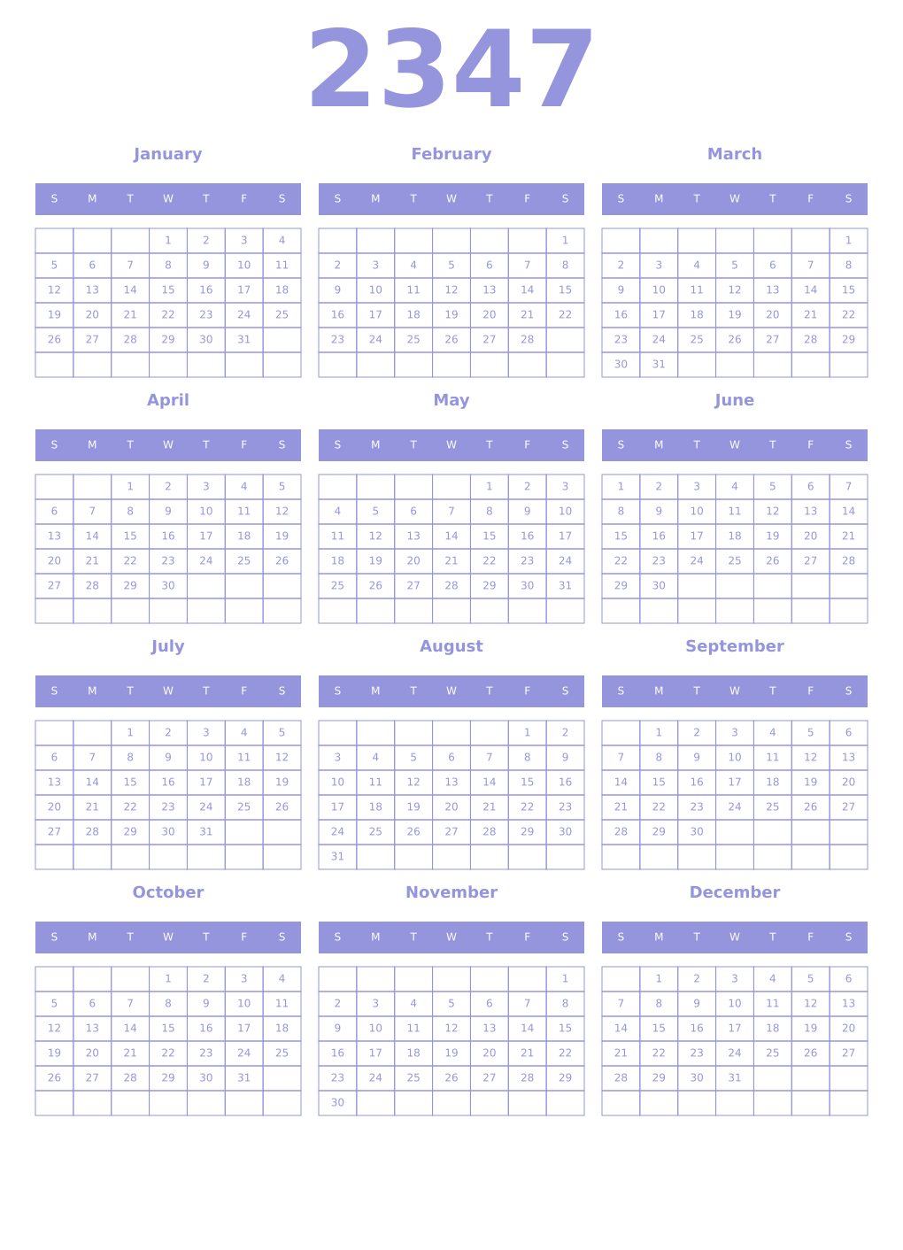 Printable 2347 Year Calendars periwinkle