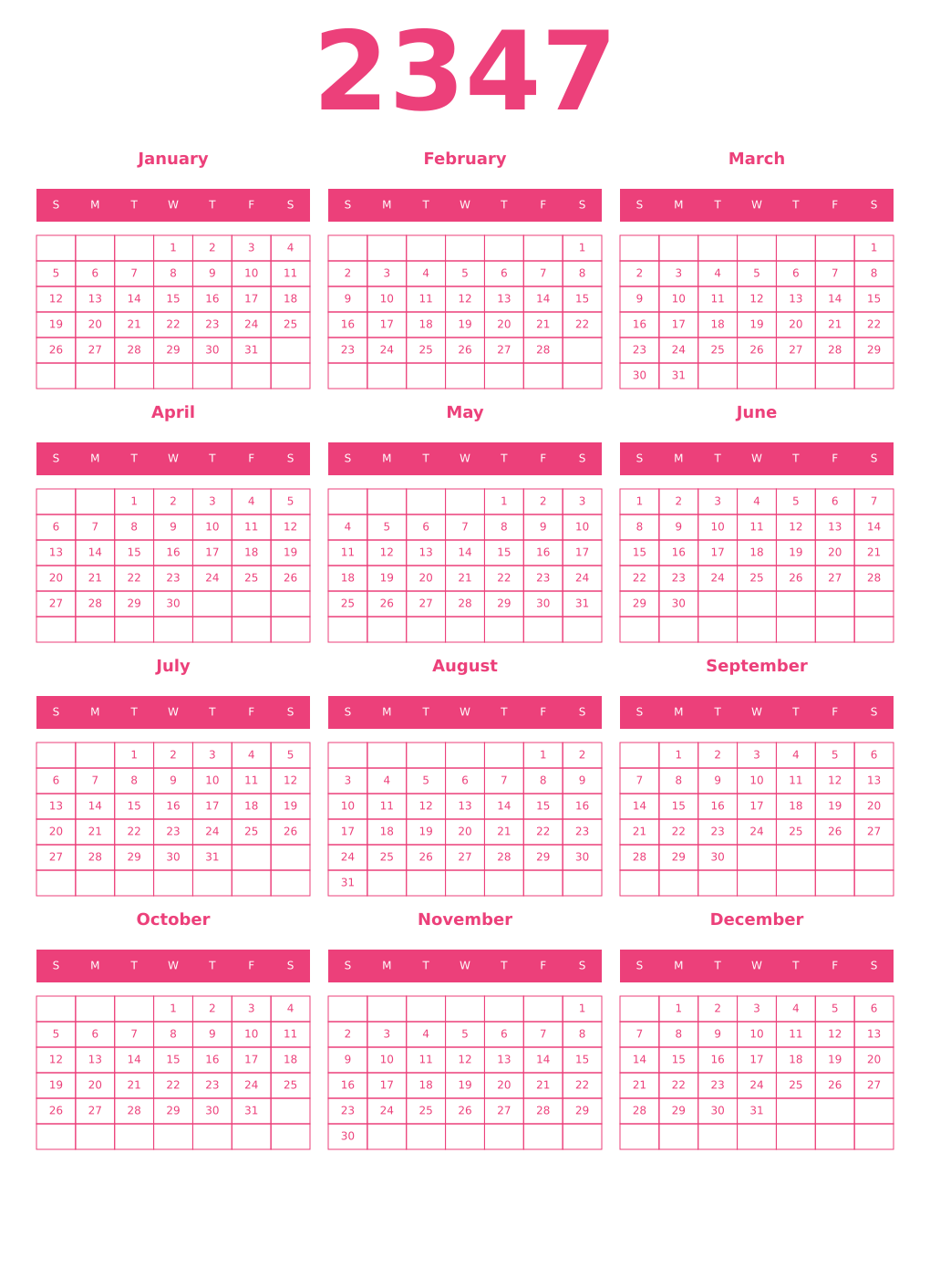 Printable 2347 Year Calendars pink
