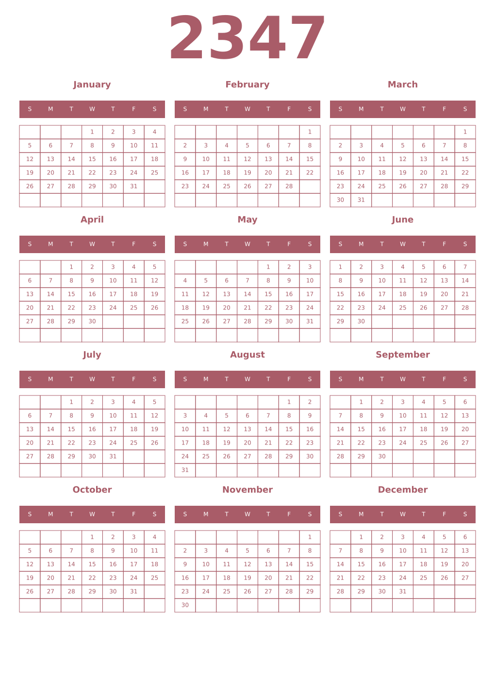 Printable 2347 Year Calendars puce