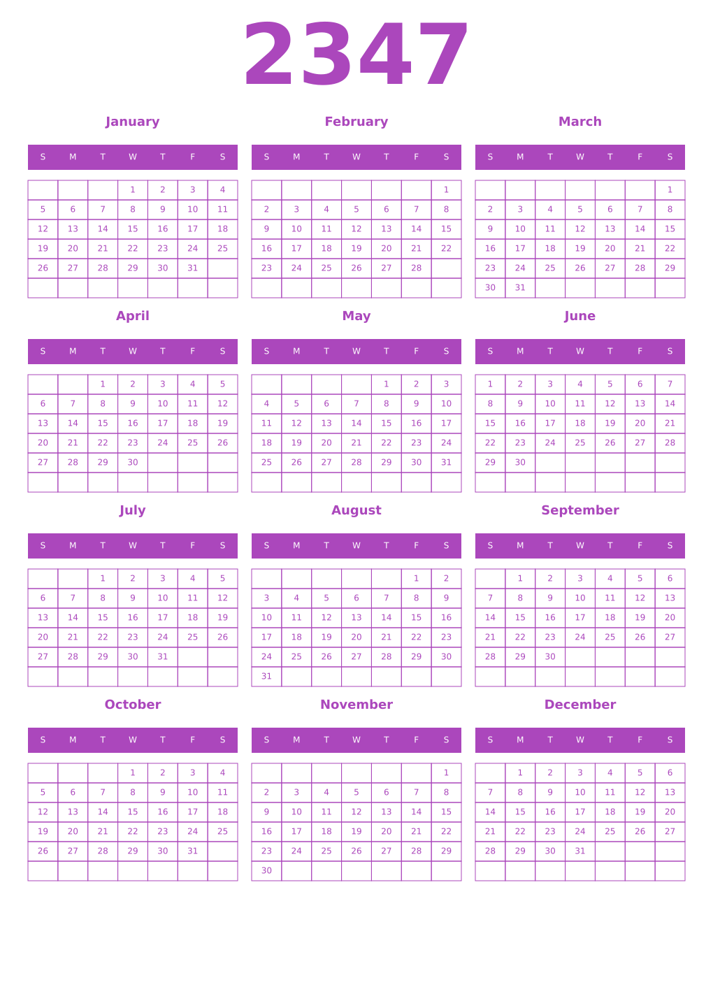 Printable 2347 Year Calendars purple