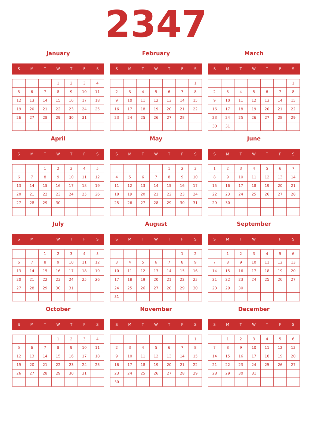 Printable 2347 Year Calendars red
