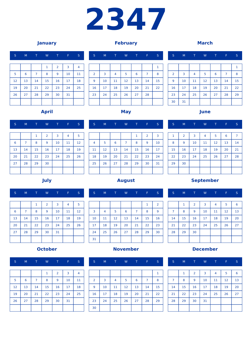Printable 2347 Year Calendars smalt