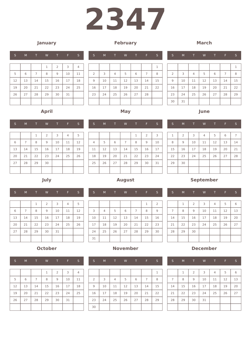 Printable 2347 Year Calendars wenge