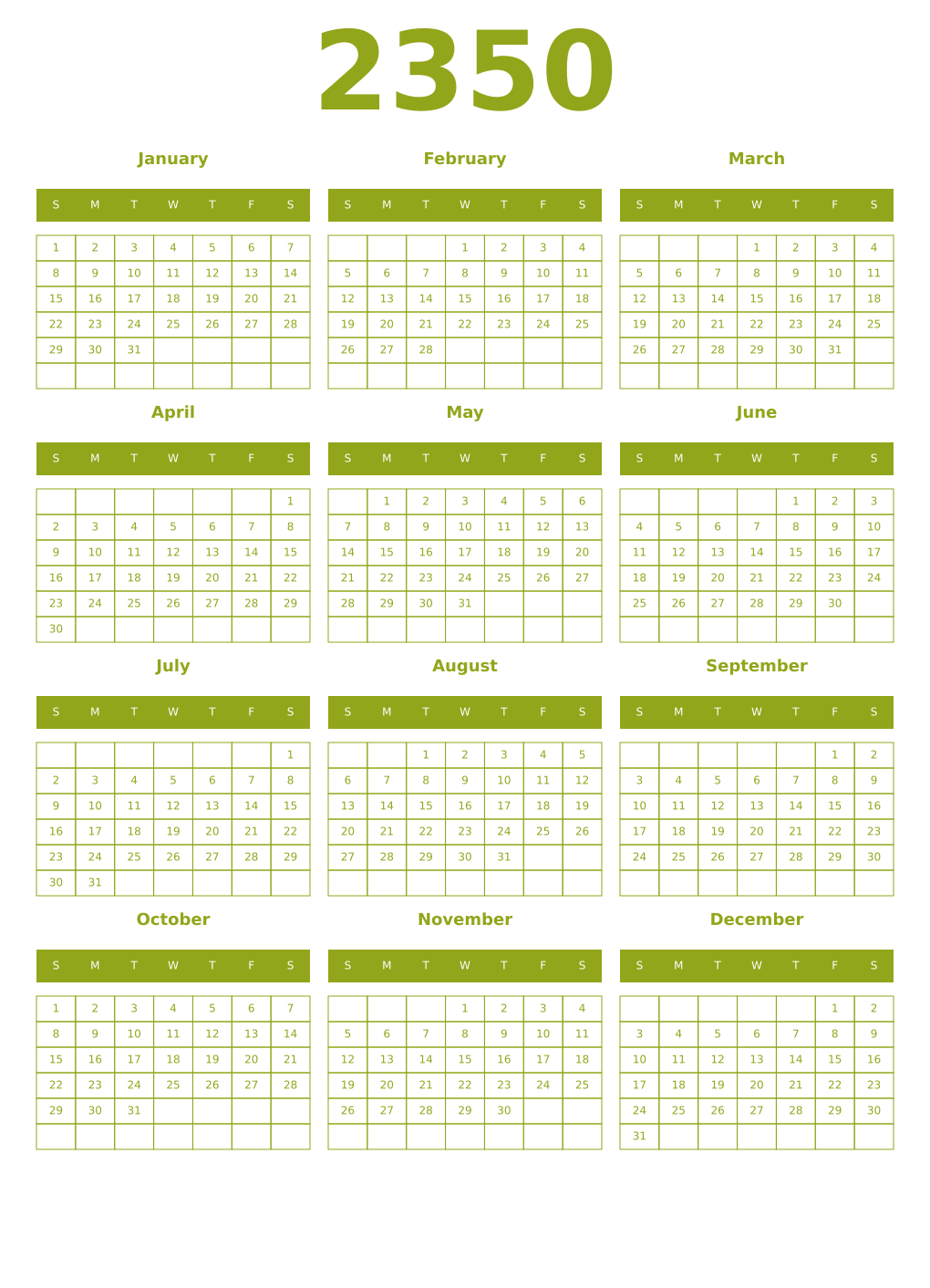 Printable 2350 Year Calendars chartreuse