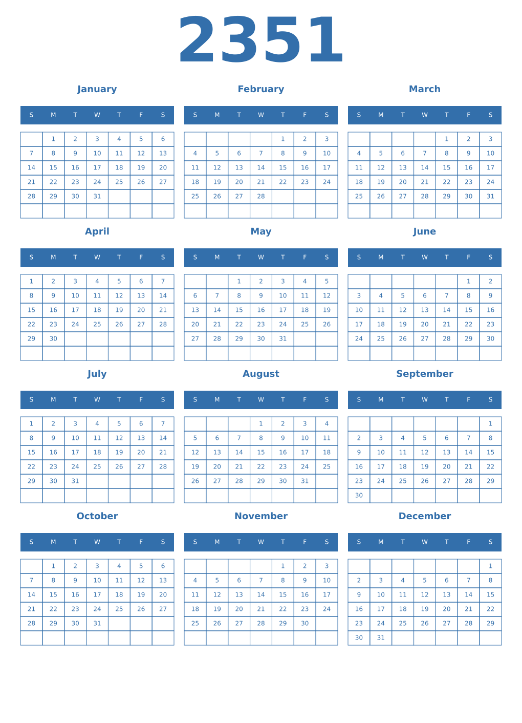 Printable 2351 Year Calendars blue