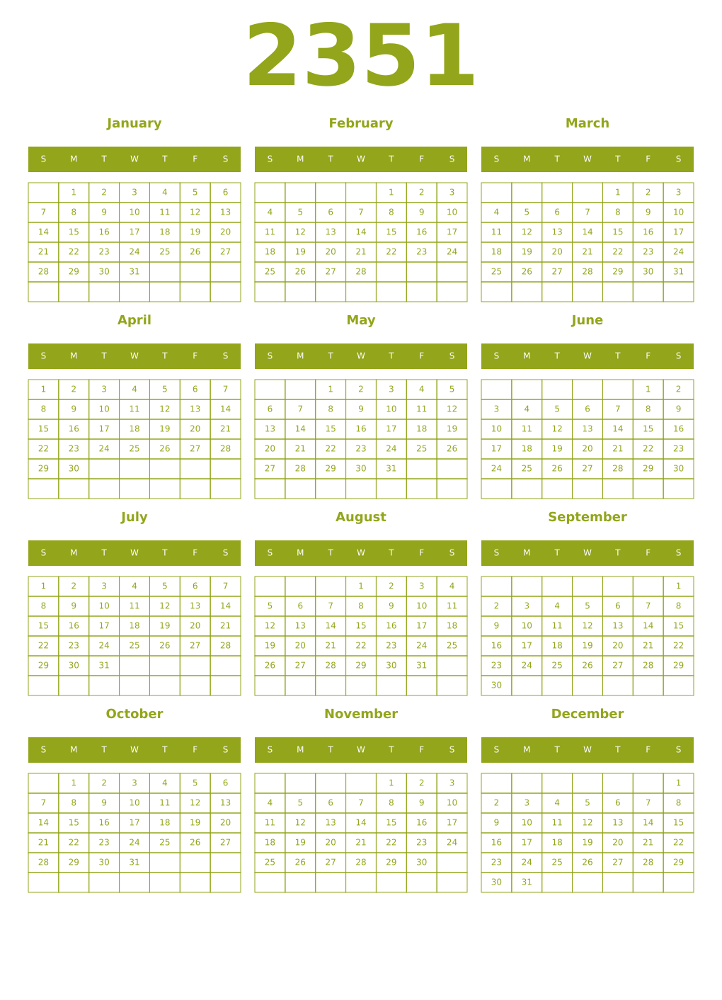 Printable 2351 Year Calendars chartreuse
