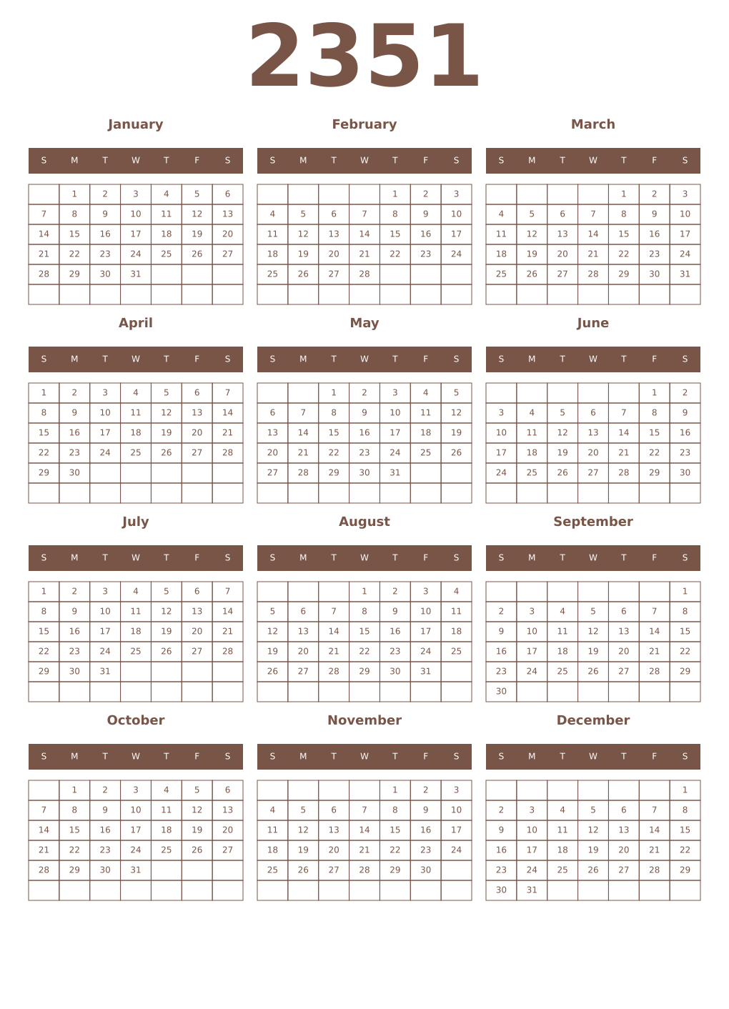 Printable 2351 Year Calendars coffe