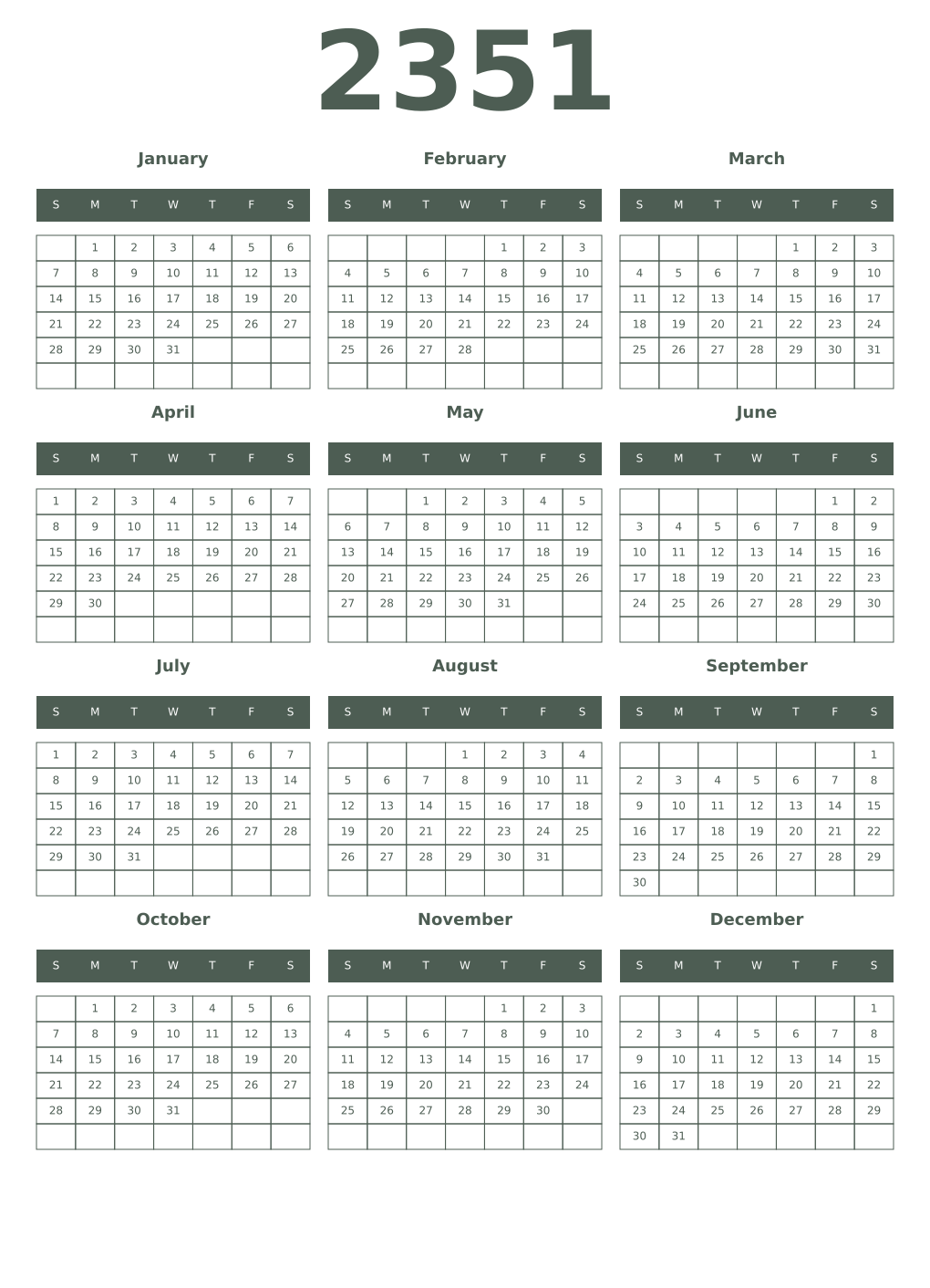 Printable 2351 Year Calendars feldgrau