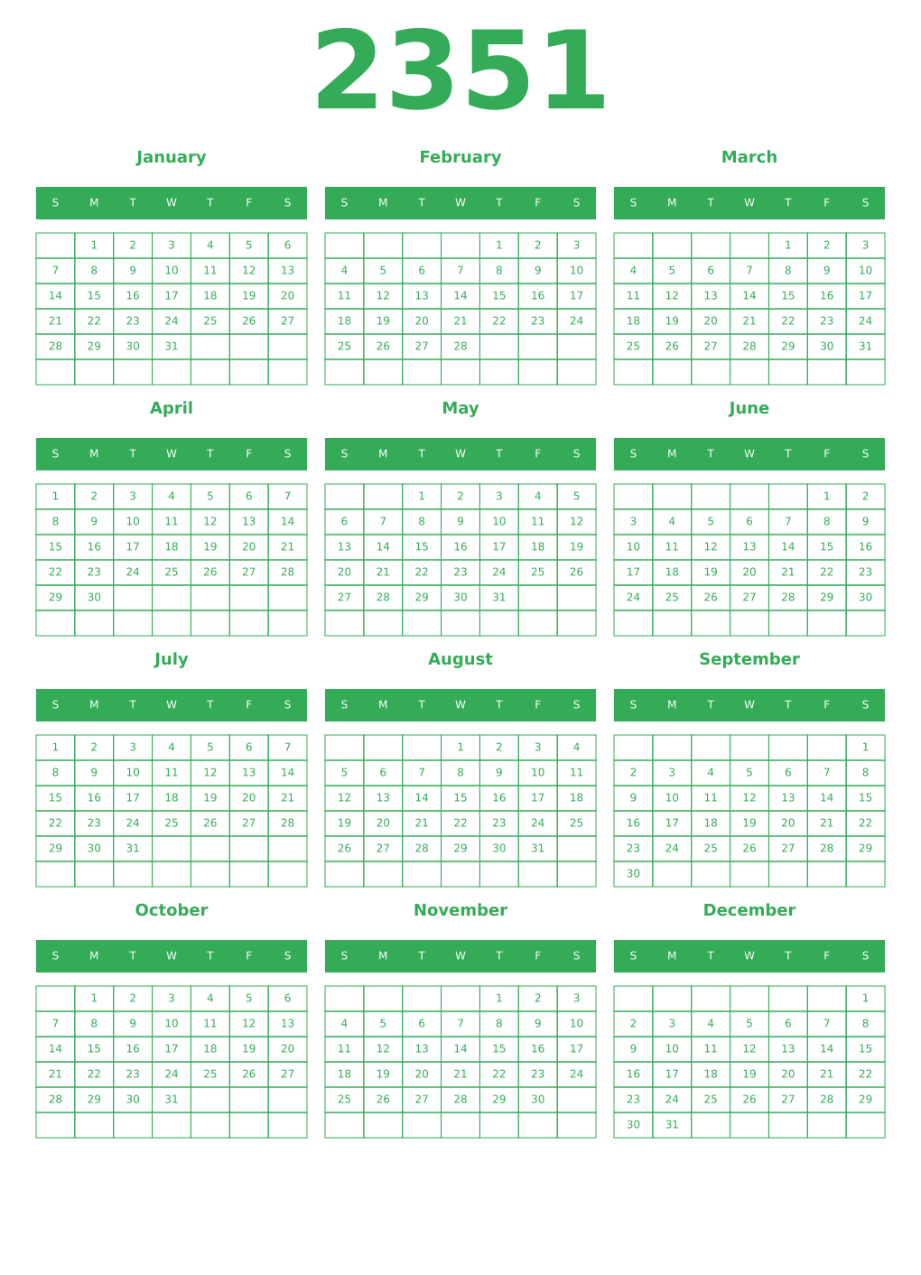 Printable 2351 Year Calendars green
