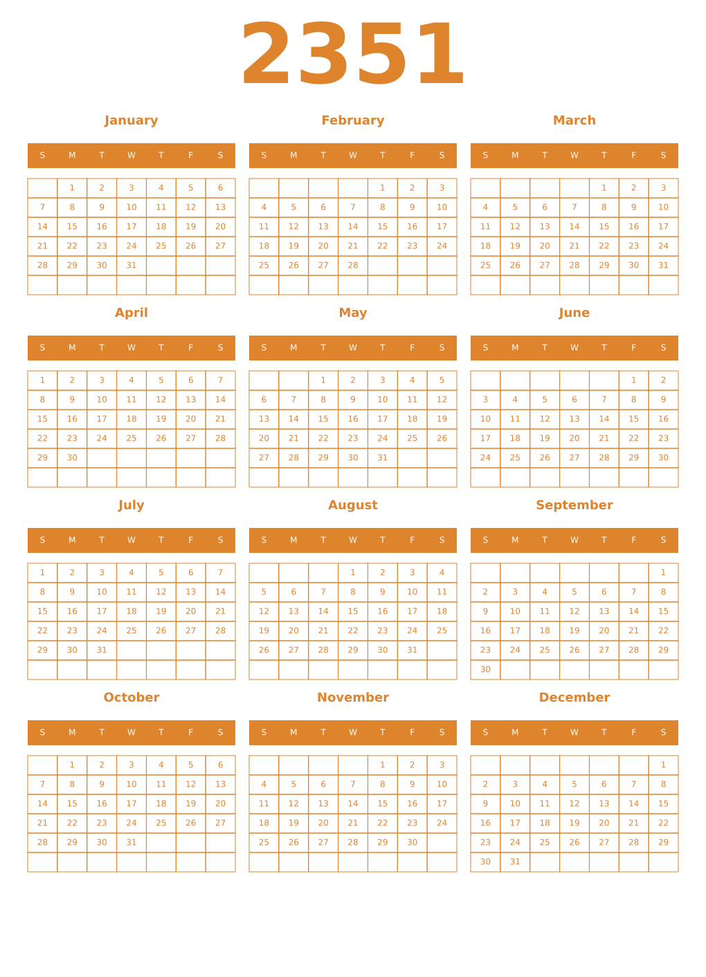 Printable 2351 Year Calendars orange