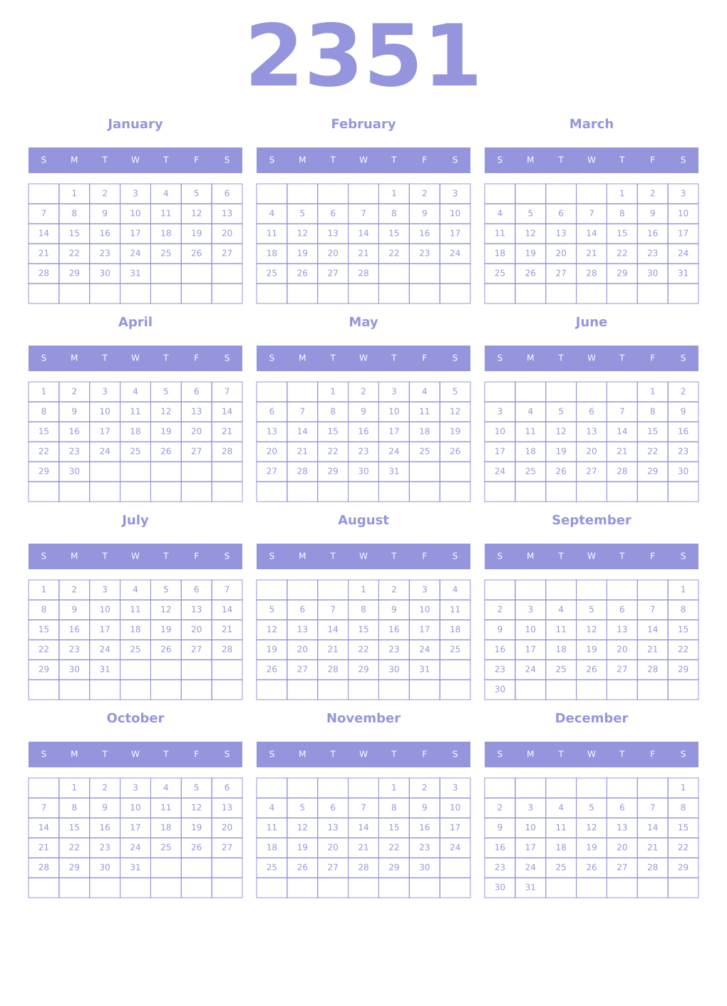 Printable 2351 Year Calendars periwinkle