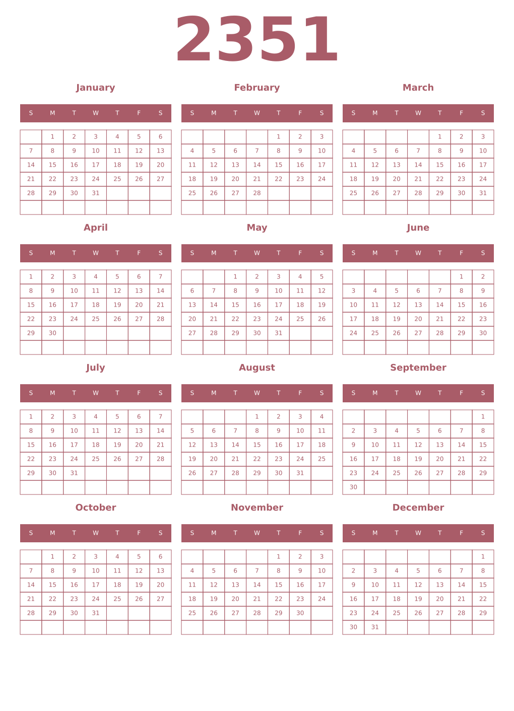 Printable 2351 Year Calendars puce