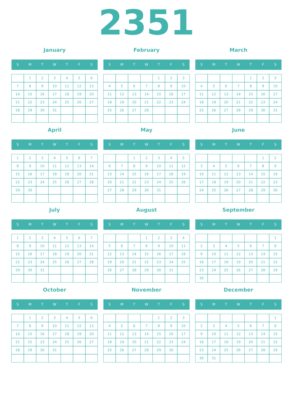Printable 2351 Year Calendars verdigris