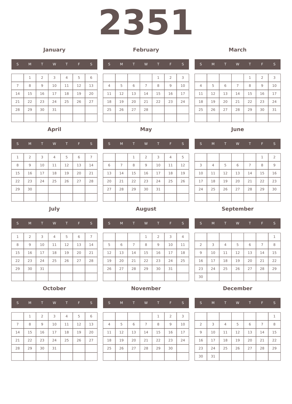 Printable 2351 Year Calendars wenge