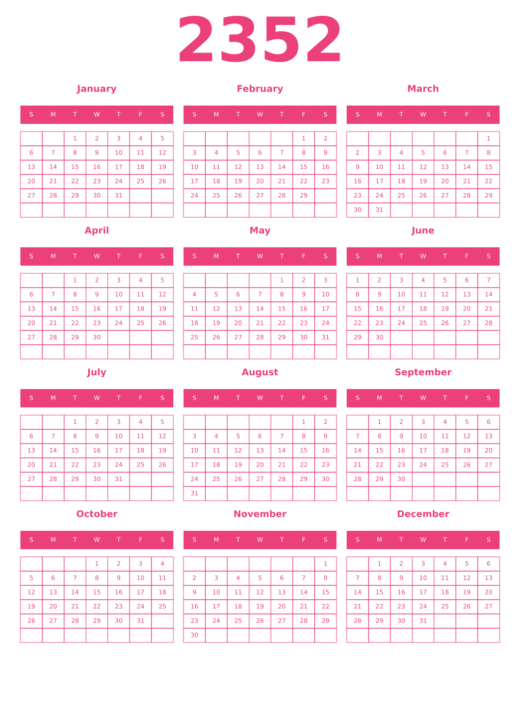 Printable 2352 Year Calendars pink