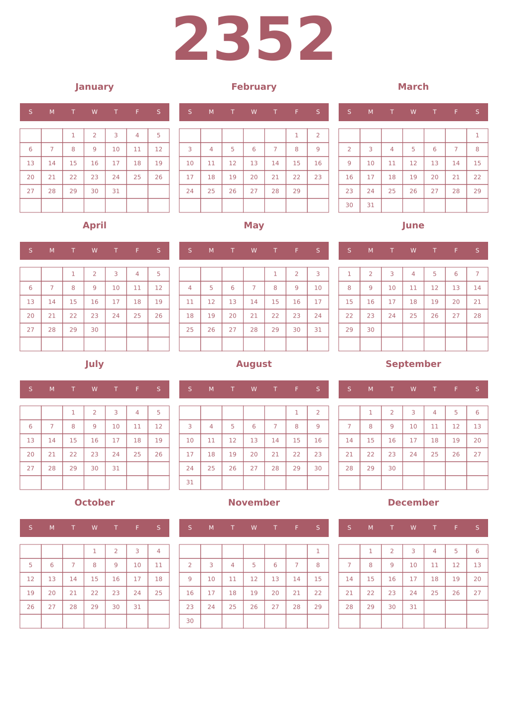Printable 2352 Year Calendars puce