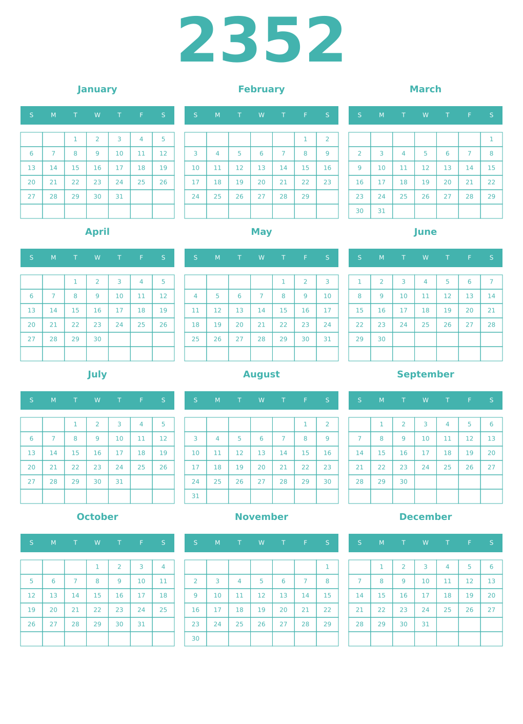 Printable 2352 Year Calendars verdigris